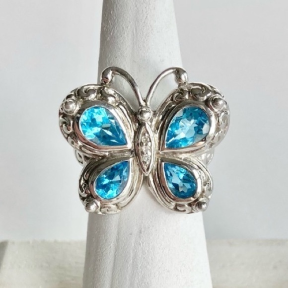NEW Swiss Blue Topaz & Diamond Sterling Silver 925 Stamped Butterfly Ring Size 6 - Picture 2 of 12